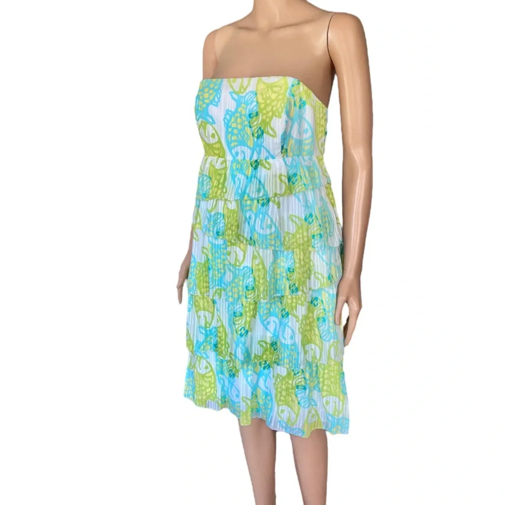 Lilly Pulitzer Arden Dress Off the Hook Fish Print Strapless Ruffle - Picture 3 of 9